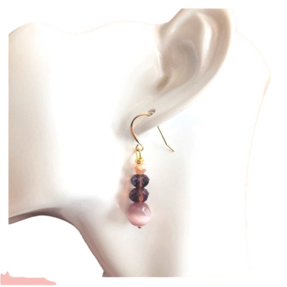 BOHO Indie 14k/Sterling Silver Earrings  Pink Jade, Cats Eye Pink Deep Purple - Picture 3 of 9